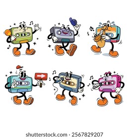 Set of Retro Cassette Tape Cartoon Illustration with Varied Poses and Expressions