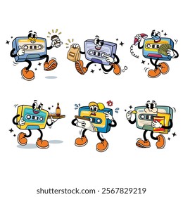 Set of Retro Cassette Tape Cartoon Illustration with Varied Poses and Expressions