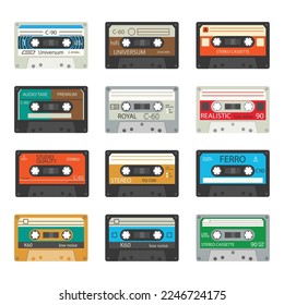 Conjunto de casetes retro. Diversas cintas de música de colores. Tecnología antigua, diseño retro realista. Ilustración vectorial.