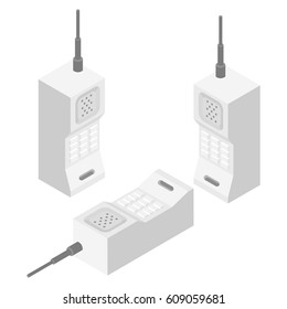 Set Retro Cell Phone With Antenna Isometric Icon.