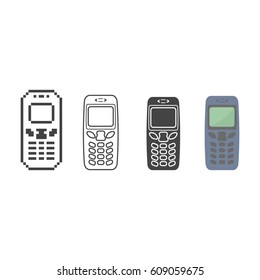 Establezca un icono plano, de línea y de píxel de teléfono móvil retro.