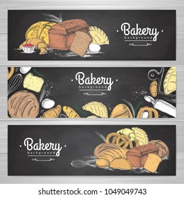 Set of retro chalk drawing bakery banners. Bakery products illustration