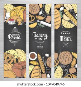 Set of retro chalk drawing bakery banners. Bakery products illus