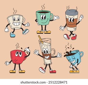 Conjunto de personagens retrô de xícara de café groovy. Engraçado mascote vintage. Espresso, café, preto, glace. Ilustração de desenho animado vetorial