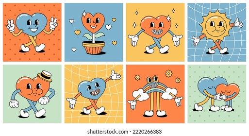 A set of retro characters from comics. Cartoon vintage hearts with legs and arms, rainbow, sun.