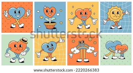 A set of retro characters from comics. Cartoon vintage hearts with legs and arms, rainbow, sun.