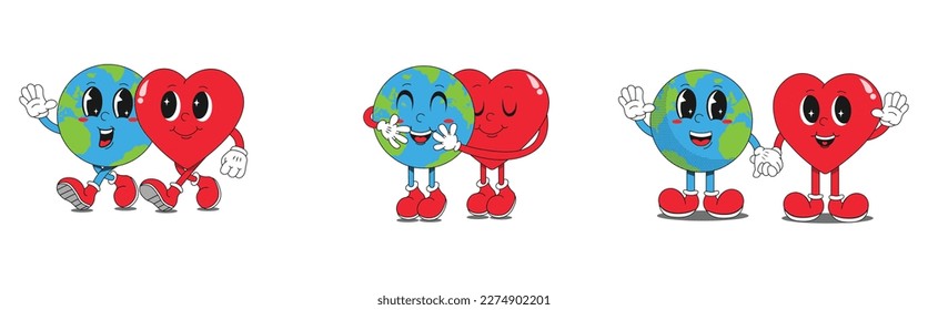 
The set of retro characters created for Planet Earth Day is inspired by the bold and stunning design of the 1960s and 70s. Funny vector illustrations of planet Earth and Hearts. Eco-green concept.