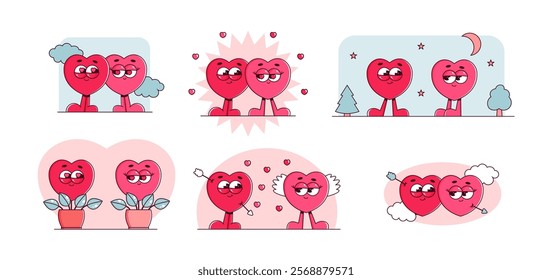 Set retro characters hearts stickers in groovy style. Couple in love, Lovely and psychedelic mascots. Happy Valentines day, wedding, date collection. Isolated on white background