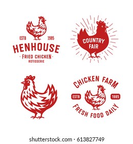 Set of Retro Chicken Emblems, Badges, Logos. Collection of Vintage Hand Drawn Poultry Designs. Hand Made Vector Illustration of a Hen for Your Business.