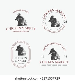 Set of retro chicken farm logos with hand drawn illustrations