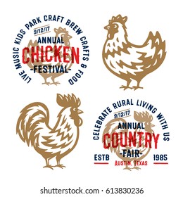 Set of Retro Chicken And Rooster Emblems, Badges and Logos. Collection of Vintage Hand Drawn Poultry Designs. Hand Made Vector Illustration of a Hen and Cock for Your Business.