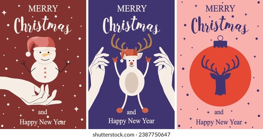 Set retro Christmas Card Cover in trendy style. Xmas 2024 poster with Christmas reindeer, snowman, ball and snowflakes. Flat New Year website banner minimalist Groovy. Vector Art. XMAS brochure