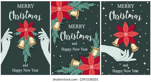 
Set retro Christmas Card Cover in trendy style. Xmas 2024 poster with Christmas Holly mistletoe flower in doodle hand. Flat New Year website banner minimalist Groovy. Vector Art. XMAS brochure