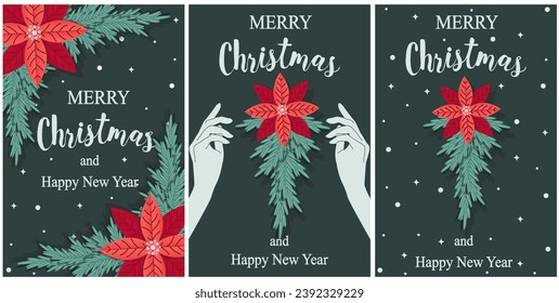 
Set retro Christmas Card Cover in trendy style. Xmas 2024 poster with Christmas Holly mistletoe flower in doodle hand. Flat New Year website banner minimalist Groovy. Vector Art. XMAS brochure