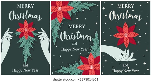 
Set retro Christmas Card Cover in trendy style. Xmas 2024 poster with Christmas Holly mistletoe flower in doodle hand. Flat New Year website banner minimalist Groovy. Vector Art. XMAS brochure