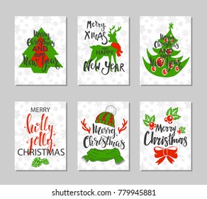 Set of retro Christmas cards.Vector illustration.Lettering, typography.