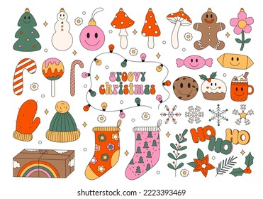 Set of retro christmas cliparts for decorating a card or poster. Hand drawn groovy xmas collection. Toys, candy, socks, garland, flowers and branches in cartoon style. Positive vector illustrations