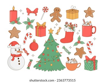 Set of retro Christmas decorations elements. Christmas tree, gift box, snowman, decor, coffee cup, candy, gingerbread, candle vector illustration