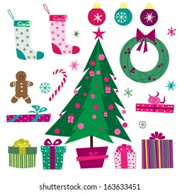 A set of retro christmas design elements. Vector Illustration.