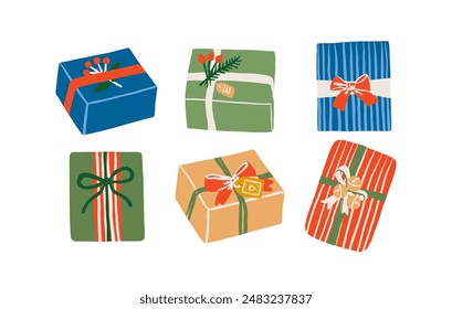 Set of retro Christmas gift boxes with ribbon, gift tag, plants, bow and seligh bells. Cute vintage presents illustration from different angles.