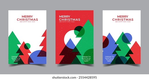 Set of retro christmas greeting card with geometric colorful christmas tree holiday cover art decoration