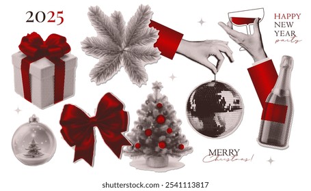 Conjunto de pegatinas de papel de Navidades retro con efecto de fotocopia de medio tono. Elementos de zine arrancados para decoraciones de redes sociales y saludos de Nuevo año. Antiguas rojo festivo con diseño monocromático. Vector