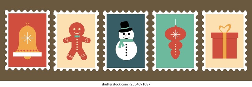 Set of retro Christmas post stamps. Merry Christmas in modern style. Happy New Year Retro  postage stamp with snowman, Christmas decoration, gifts, bell. Vector illustration. Vintage design emblem