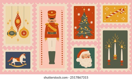 Conjunto de sellos de Navidad retro. Merry Navidades postmarks en estilo moderno.