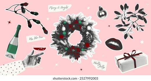 Set of retro Christmas stickers with photocopy effect. Perfect for social media decorations and holiday greetings. Vintage style with pink background and festive red, green and black elements.