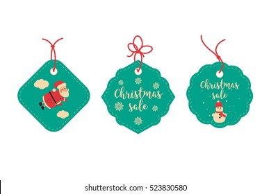 Set Retro Christmas Tag. Collection of Christmas design elements isolated on White background. Santa Claus, snowflakes and snowman. Vector illustration