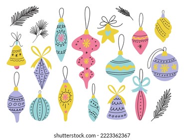 Set of retro Christmas toys with colorful different designs. Hand drawn cute xmas doodle vector icon.