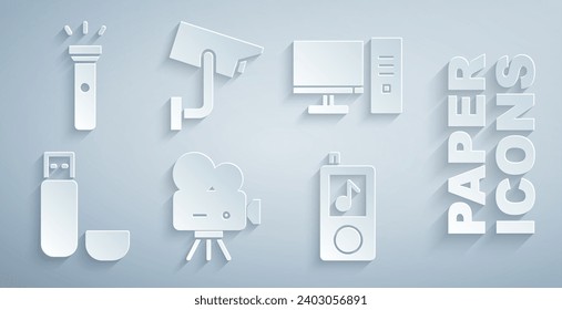Set Retro cinema camera, Computer monitor, USB flash drive, Music player, Security and Flashlight icon. Vector