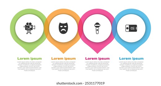 Set Retro cinema camera, Drama theatrical mask, Microphone and Photo and video shooting. Business infographic template. Vector