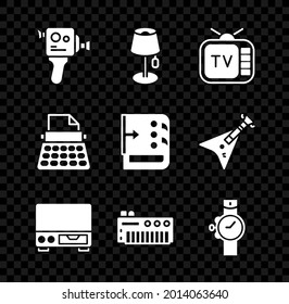 Set Retro cinema camera, Floor lamp, tv, Old video cassette player, Music synthesizer, Wrist watch, typewriter and Sound mixer controller icon. Vector