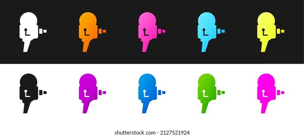 Set Retro cinema camera icon isolated on black and white background. Video camera. Movie sign. Film projector.  Vector Illustration