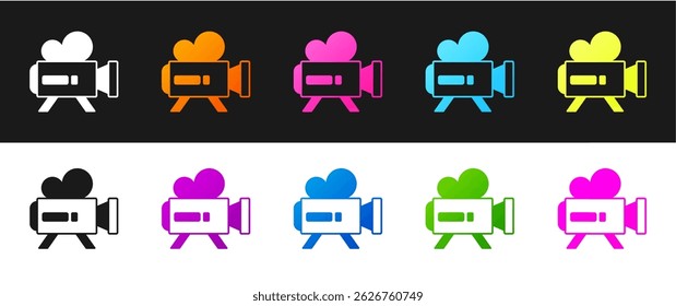 Set Retro cinema camera icon isolated on black and white background. Video camera. Movie sign. Film projector.  Vector