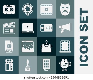 Set Retro cinema camera, Makeup mirror with lights, Megaphone, Play Video, Online play video, Movie clapper, audio cassette tape and Photo and shooting icon. Vector