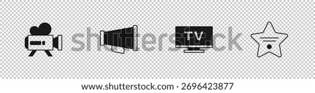 Set Retro cinema camera, Megaphone, Smart Tv and Walk of fame star icon. Vector