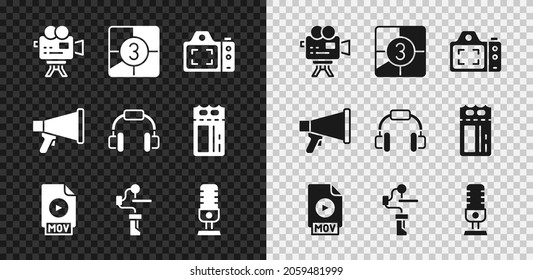 Set Retro cinema camera, Old film movie countdown frame, Photo, MOV file document, Gimbal stabilizer for, Microphone, Megaphone and Headphones icon. Vector
