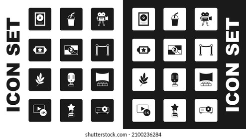 Set Retro cinema camera, Old film movie countdown frame, Cinema ticket, CD disk award, Rope barrier, Paper glass with water, auditorium screen and Movie trophy icon. Vector