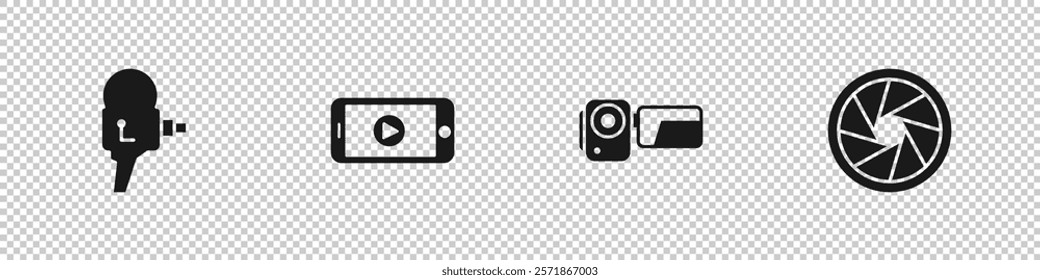 Set Retro cinema camera, Online play video, Cinema and Camera shutter icon. Vector