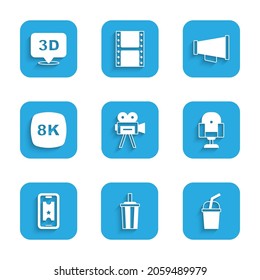 Set Retro cinema camera, Paper glass with water, Director movie chair, Buy ticket online, 8k Ultra HD, Megaphone and 3D word icon. Vector