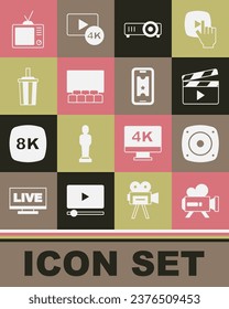 Set Retro cinema camera, Stereo speaker, Movie clapper, Movie, film, media projector, Cinema auditorium with screen, Paper glass water, tv and Buy ticket online icon. Vector