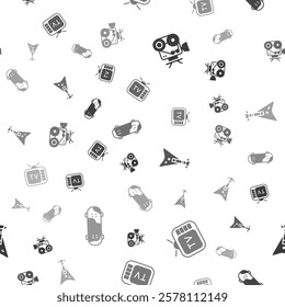 Set Retro cinema camera, tv, Electric bass guitar and Skateboard trick on seamless pattern. Vector