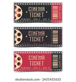 Set of retro cinema tickets. Vector movie theatre vintage illustration. Collection of templates