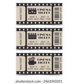 Set of retro cinema tickets. Vector movie theatre vintage illustration. Filmstrip admission coupons template 