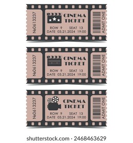 Set of retro cinema tickets. Vector movie theatre vintage illustration. Filmstrip admission coupons template	