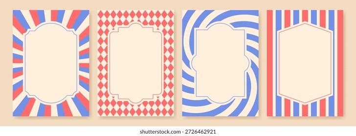 Conjunto de Plantillas de marco de circo retro con fondos a rayas y geométricos para carteles y Anuncios. Ilustración vectorial