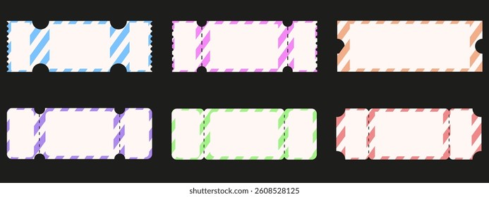 Set retro circus Ticket with pastel color stripes isolated black background. Perfect Ticket collection with empty Frame for text. Vector illustration. EPS 10