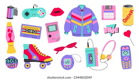 Conjunto de elementos clásicos retro de los años 80 y 90 en un estilo moderno y plano. Ilustración vectorial dibujada a mano. Chaqueta, labios, audífonos, patinaje, teléfono. Parche de moda, insignia, pegatina, emblema.